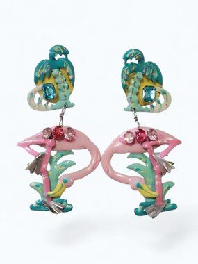 1987 Lunch at The Ritz Flamingo Palm Tree Earrings Large Enamel Rhinestones
